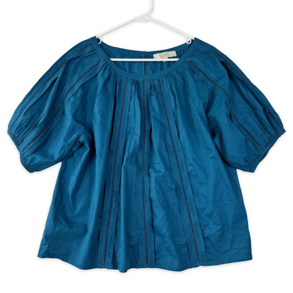 Loft Teal Blue Ladder Stitch Puff Sleeve Pleated Blouse Top Womens M 761445